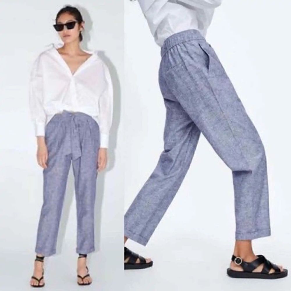 Zara chambray linen blend tie front cropped pants S